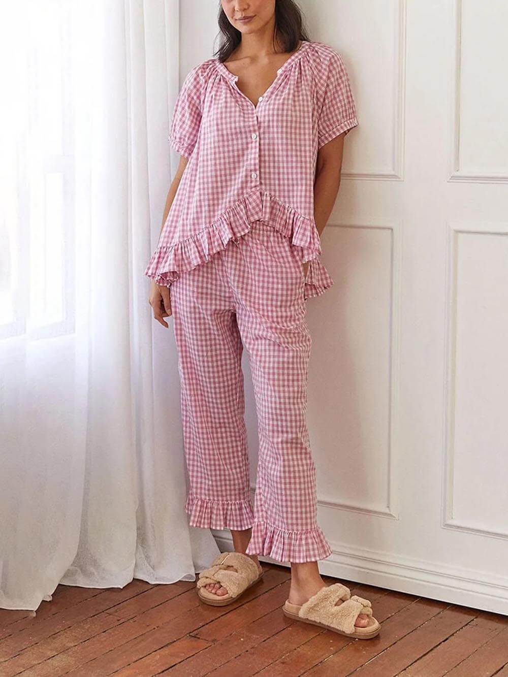 Lässiges Pyjama-Set mit gerüschtem Karomuster