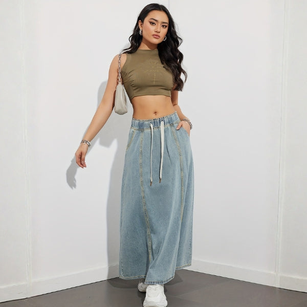 The Shoreline Drawstring Denim Maxi Skirt