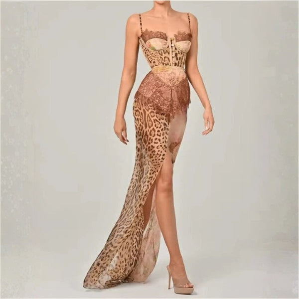 The Sofia Mixed-Print Corset Maxi Dress