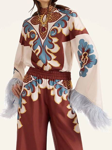 Unique Printed Feather Shirt And Wide Leg Pants Suit-Shirt