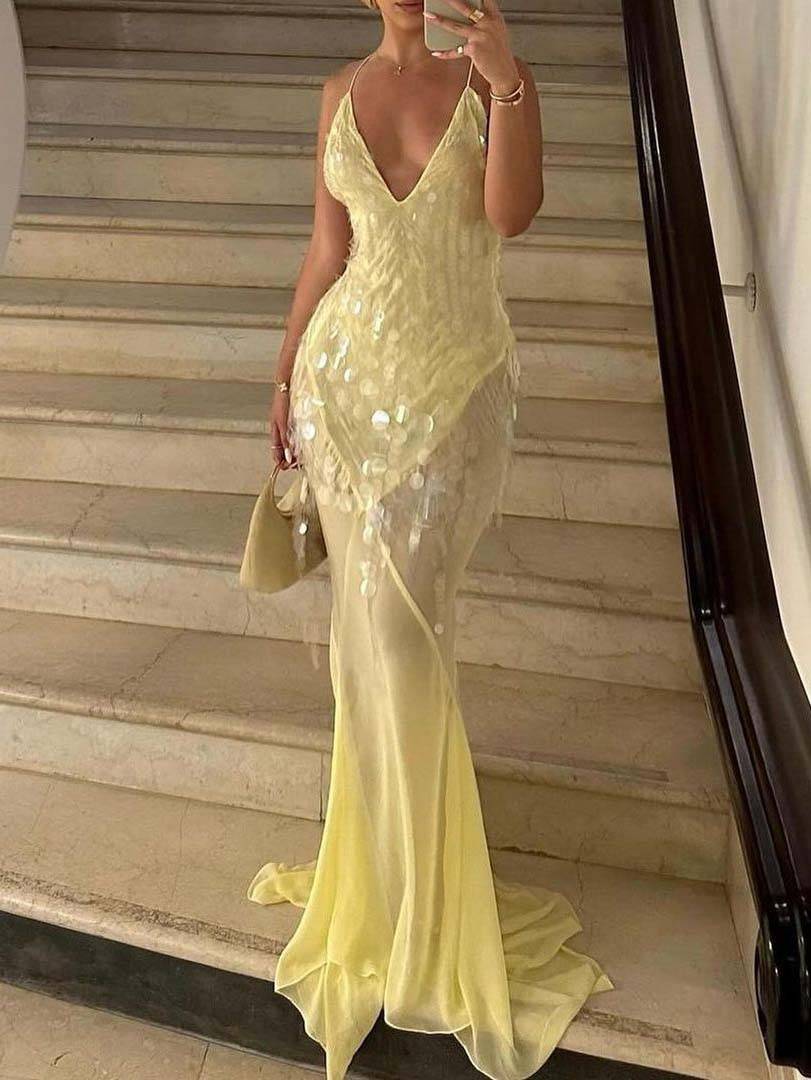 Rückenfreies Maxikleid mit V-Ausschnitt und Pailletten und Fischschwanz