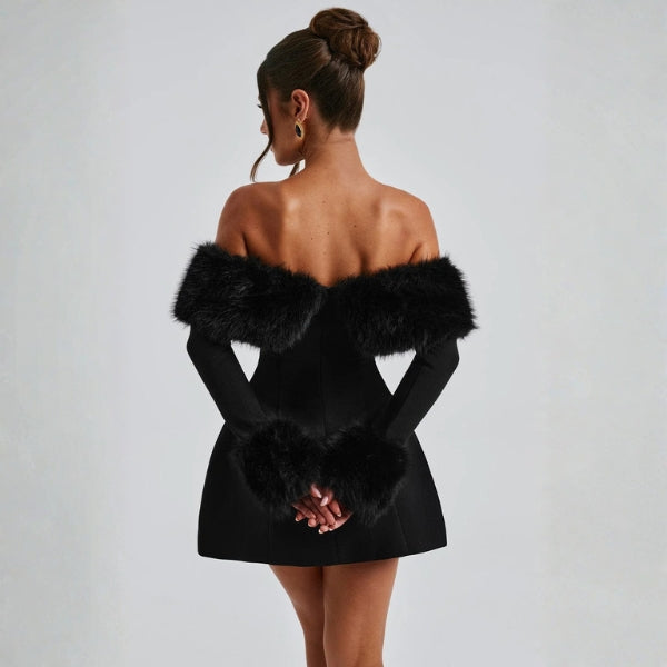 The Valentina Structured Off-Shoulder Faux Fur Mini Dress
