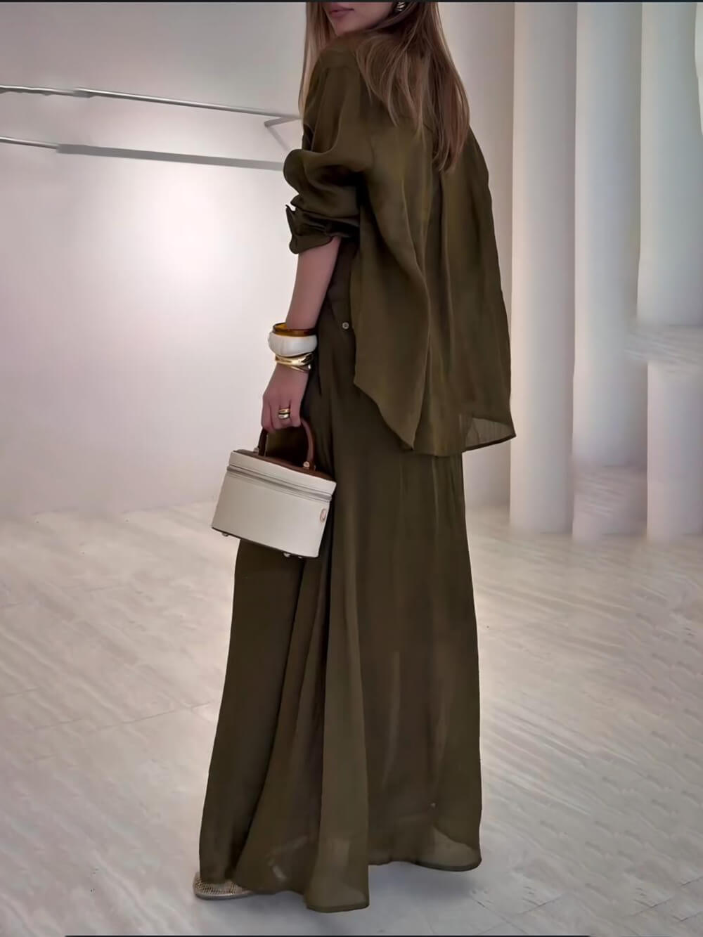 Jupe longue décontractée à fente haute et taille nouée aux tons rétro