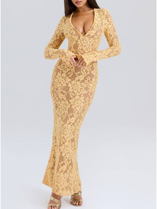 Maxikleid mit V-Ausschnitt und langen Ärmeln aus Spitze