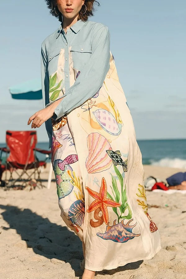Take A Trip Marine Elements Unique Print Patchwork Pocketed Long Shirt Coat Blue