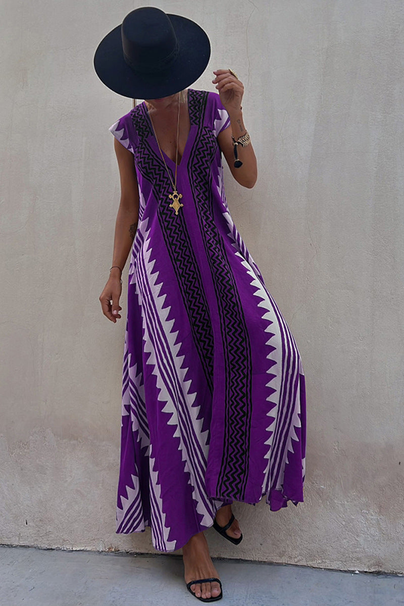 Beach Dates Ethnic Print A-line Maxi Dress Purple