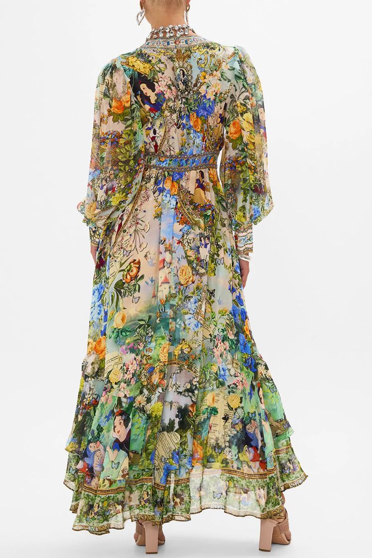 Printed V-neck Long-sleeved Puff Sleeve Waist Maxi Dress