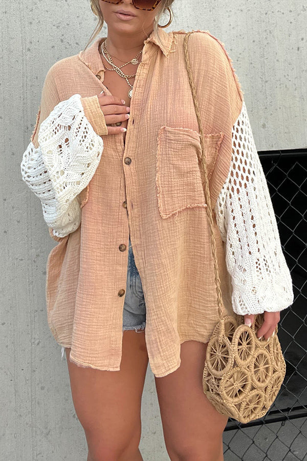 CHARCOAL GREEN CROCHET SLEEVE BUTTON UP peach color