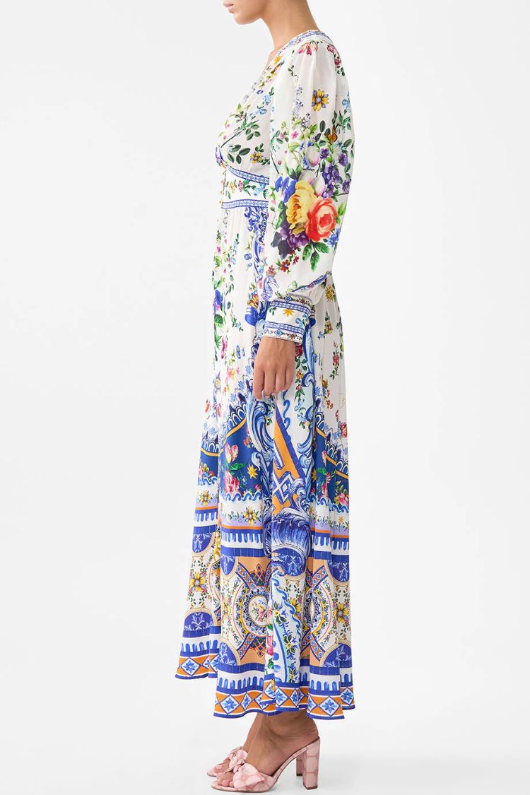 Printed V-neck Long-sleeved Puff Sleeve Waist Maxi Dress