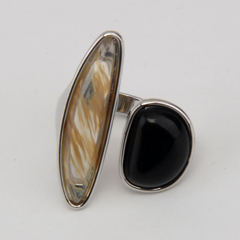 Vintage Two-Tone Natural Stone Open Ring Geometric Contrast Irregular Wide Statement Band