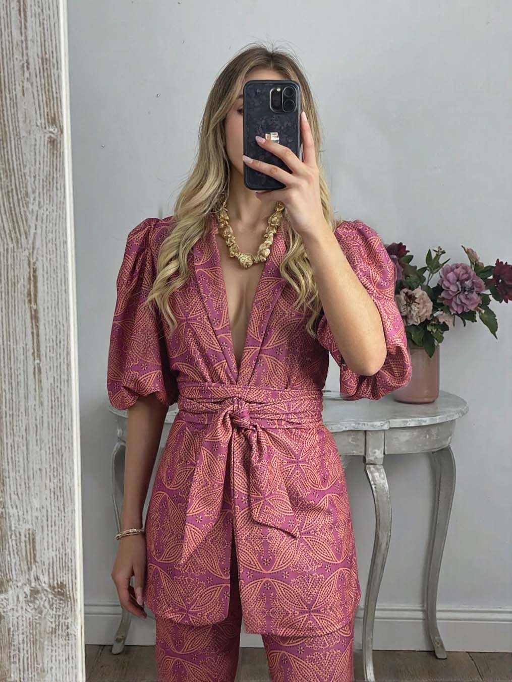 Casual Ethnic Style Printed Puff Sleeve Shirt