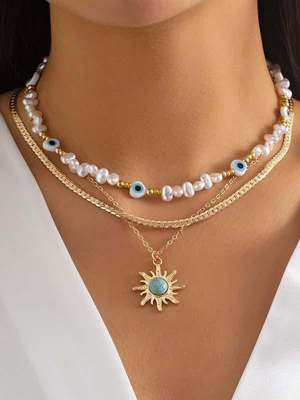 Vintage Eye Pearl Sun Turquoise Necklace Gold one size