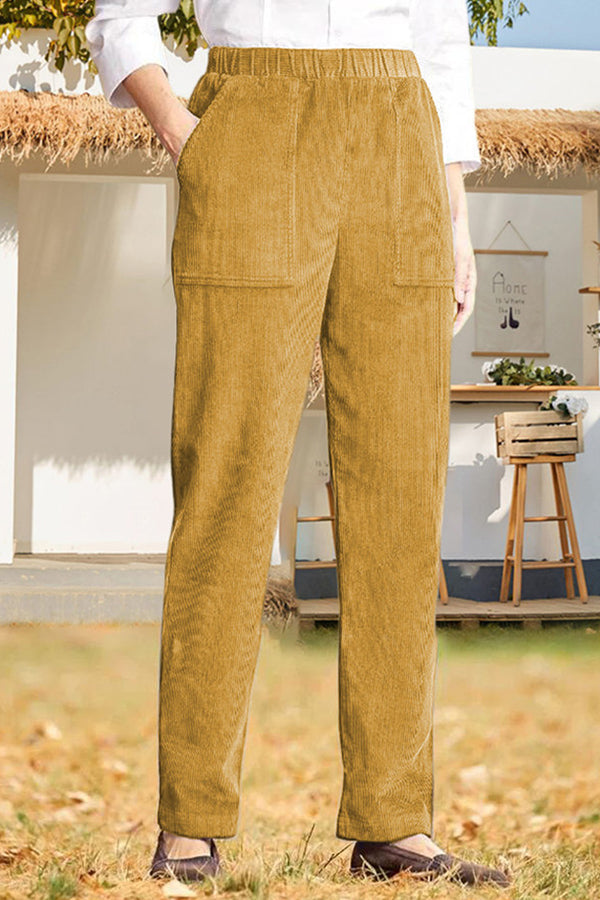 Solid color elastic waist striped straight casual pants Khaki