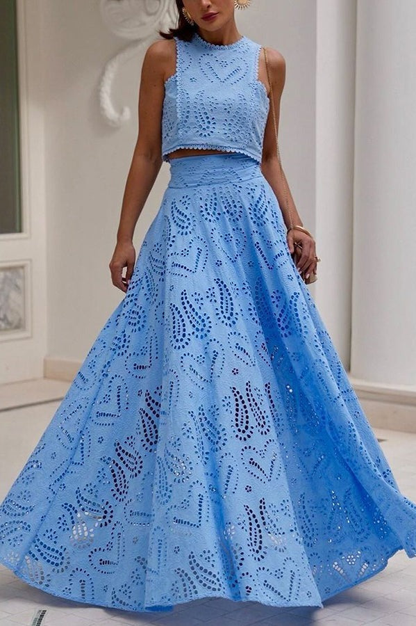 Paris Dreaming Embroidered Lace High Rise Elastic Waist Pocketed Maxi Skirt Blue