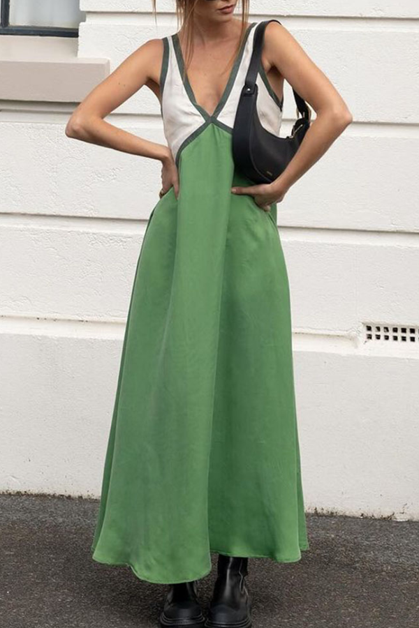 Chic V-neck Contrasting Color Dress Green