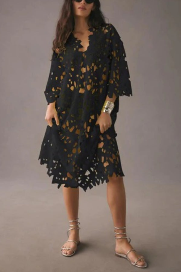 I Belong Here Floral Eyelet Lace Cover Up Beach Midi Dress Black ONE SIZE