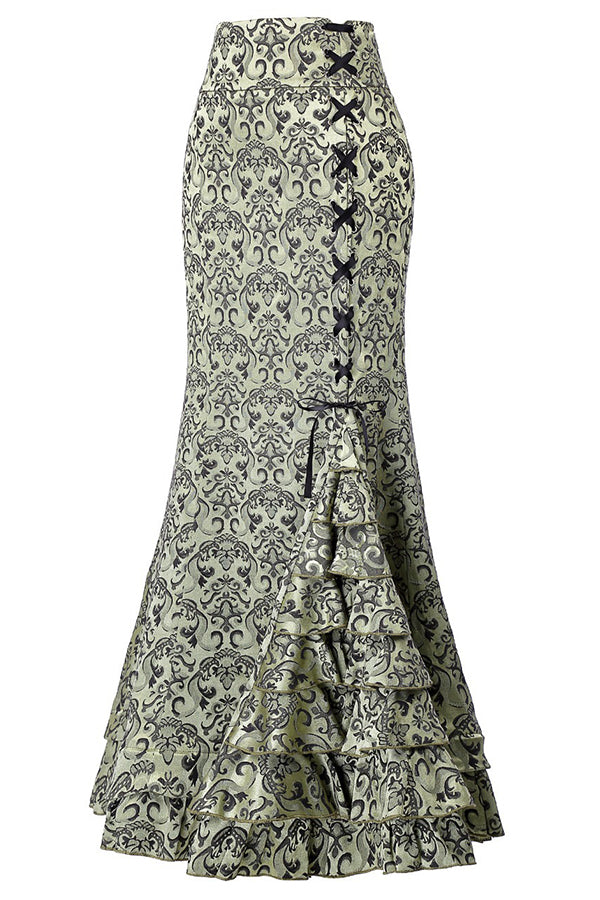 Fashionable and sexy fishtail belted jacquard long skirt Gray green