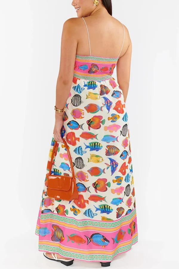 Tropical Fish Print Sling Back Pleated Holiday Maxi Dress