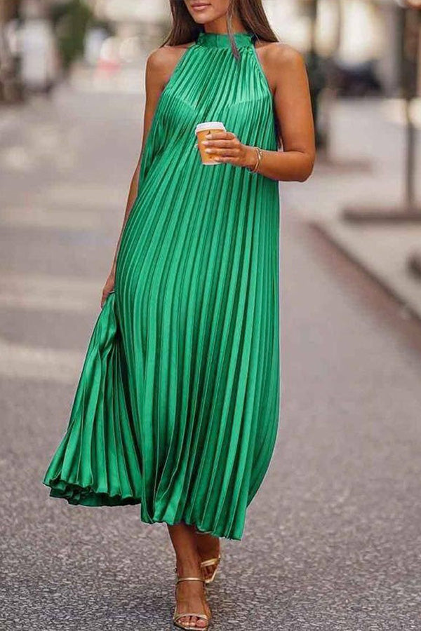 Take Me There Pleated A-line Loose Midi Dress Green