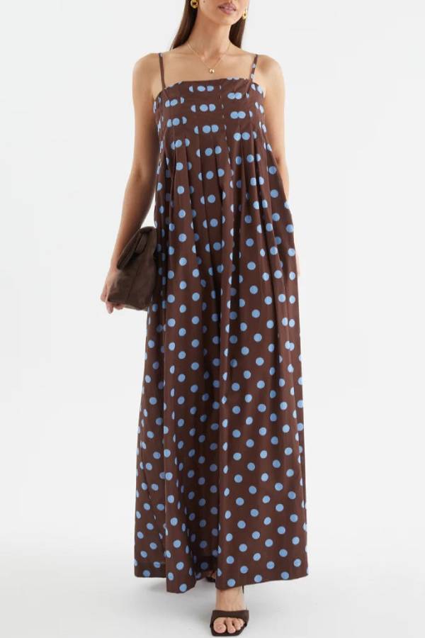 Polka Dot Print Square Neck Gathered Slip Maxi Dress
