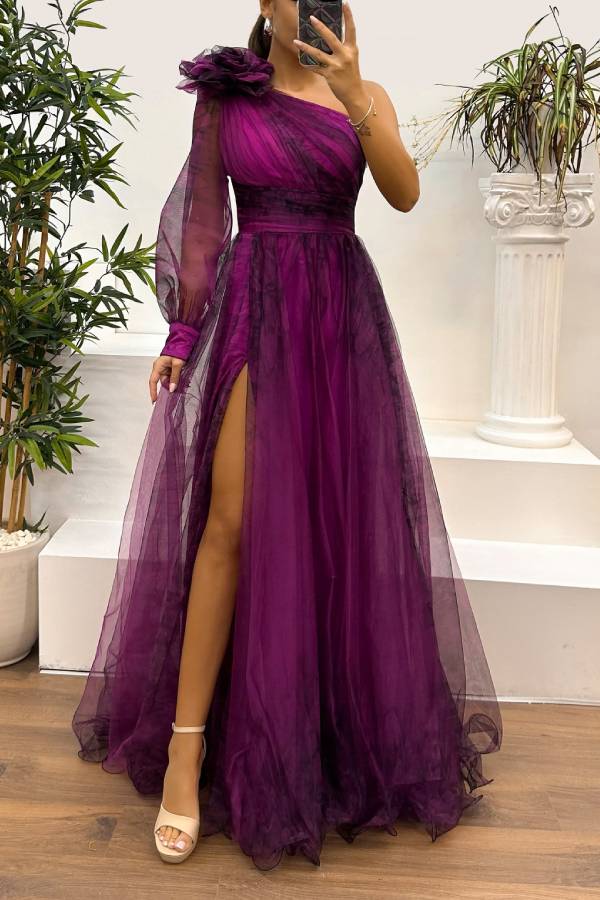 Guest List Tulle Printed Flower Pendant One Shoulder Pleated Slit Maxi Dress Purple