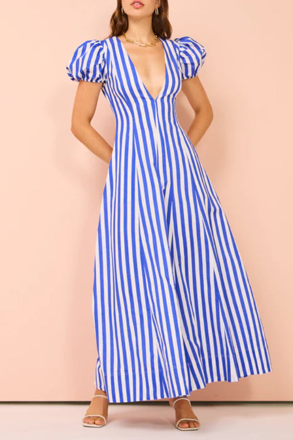 Indulge in Timeless Striped Print Puff Sleeve Pocketed Wavy Maxi Dress Blue