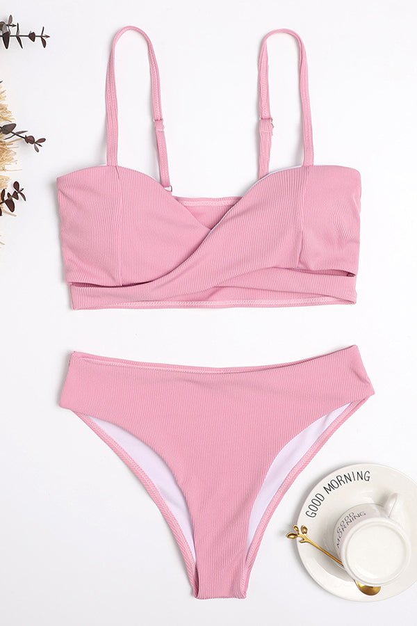 Pit Strip Solid Color Crossover High Waist Bikini Pink