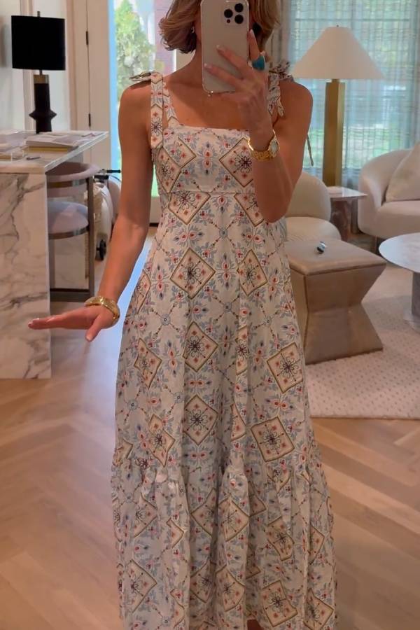 Geometric Ethnic Print Tie-Strap Waisted Tiered Midi Dress