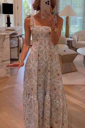 Geometric Ethnic Print Tie-Strap Waisted Tiered Midi Dress