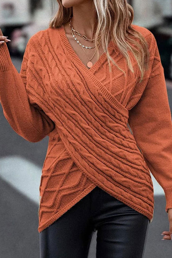 Solid Color V Neck Cross Jacquard Long Sleeved Sweater Orange