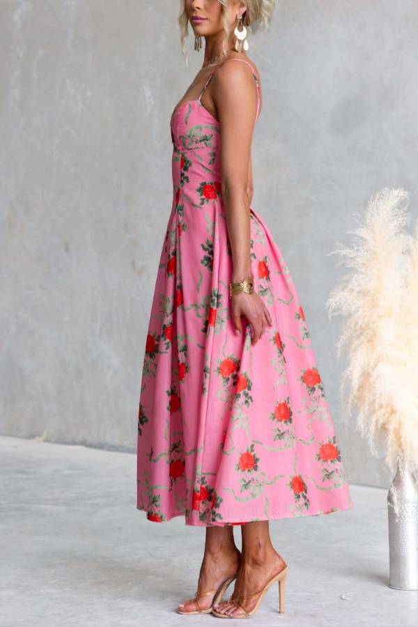 French Floral V-Neck Spaghetti Strap Fit-and-Flare Midi Dress