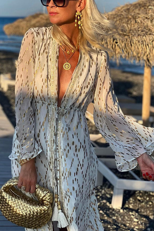 Gold Glow Drawstring Elastic Waist Bell Sleeve Cover-up Kimono Maxi Dress