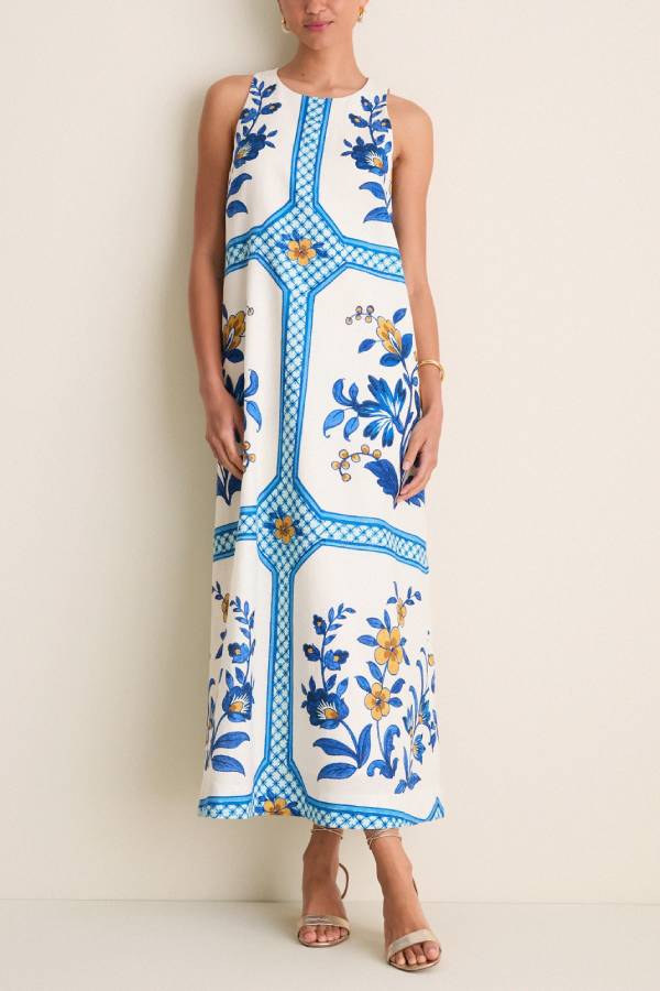 Vintage Blue‑and‑White Floral Print Sleeveless Linen Maxi Dress