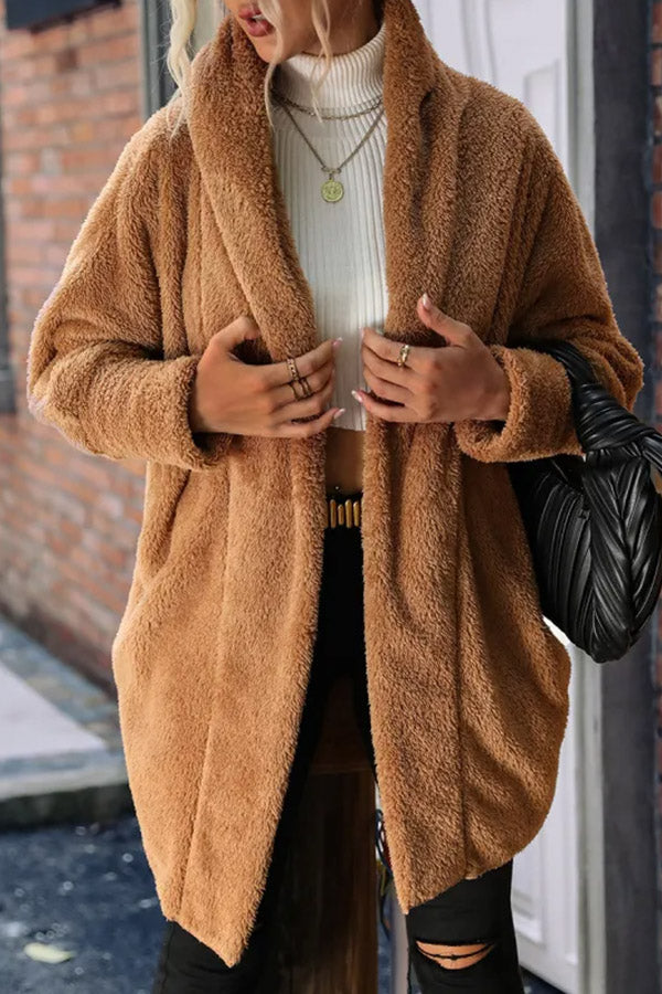 Loose Casual Solid Color Plush Buttonless Lapel Long Sleeve Coat Light Brown