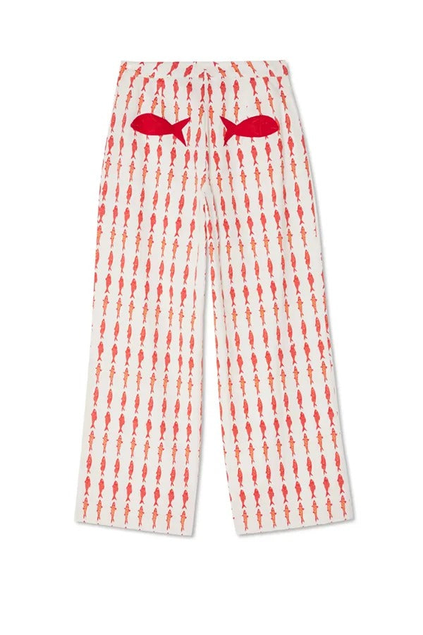 Good Luck Linen Blend Koi Pattern High Rise Elastic Waist Loose Pants