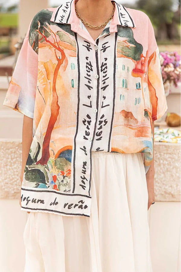 Unique Print Lapel Short Sleeve Vacation Casual Shirt Multicolor