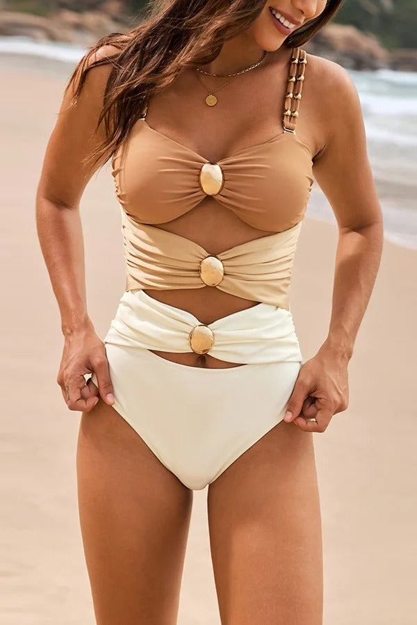 Fashionable Color-blocked Metal Button Stretch One-piece Swimsuit Khaki