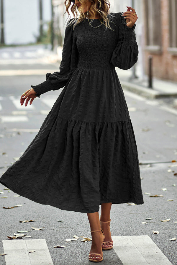 Solid Lantern Sleeve Ruffle Hem Shirred Dress Black