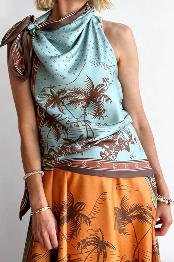 Alberta Satin Unique Color-blocked Print Tie Detail Layered Scarf Midi Dress