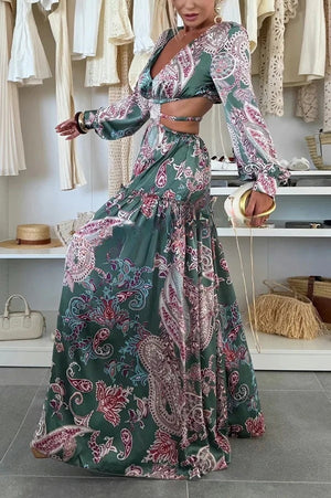 Gabbie Satin Paisley Print Cutout Elastic Waist Long Sleeve Full Hem Maxi Dress