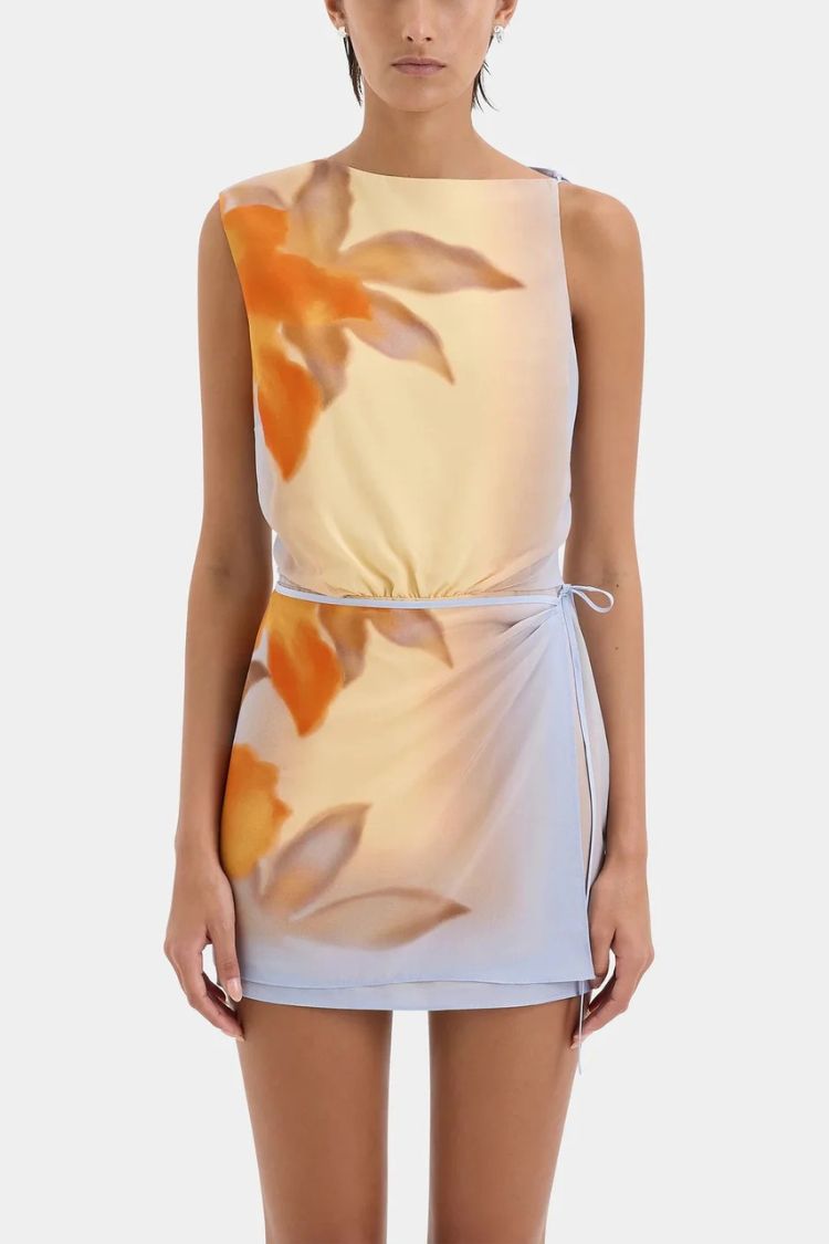 Serene Floral Print Wrap Tie-up Backless Lightweight Mini Dress