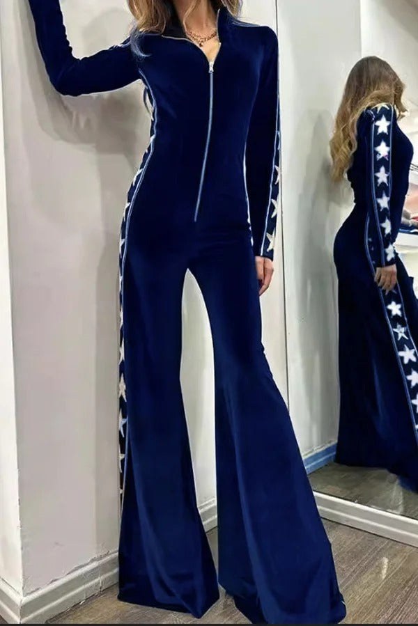 Star-print Velvet Patchwork Zipped Wide-leg Jumpsuit Blue
