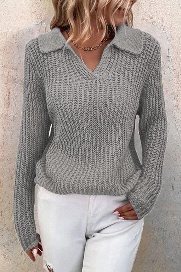 Women's Lapel Solid Slim Fit Knit Sweater Grey
