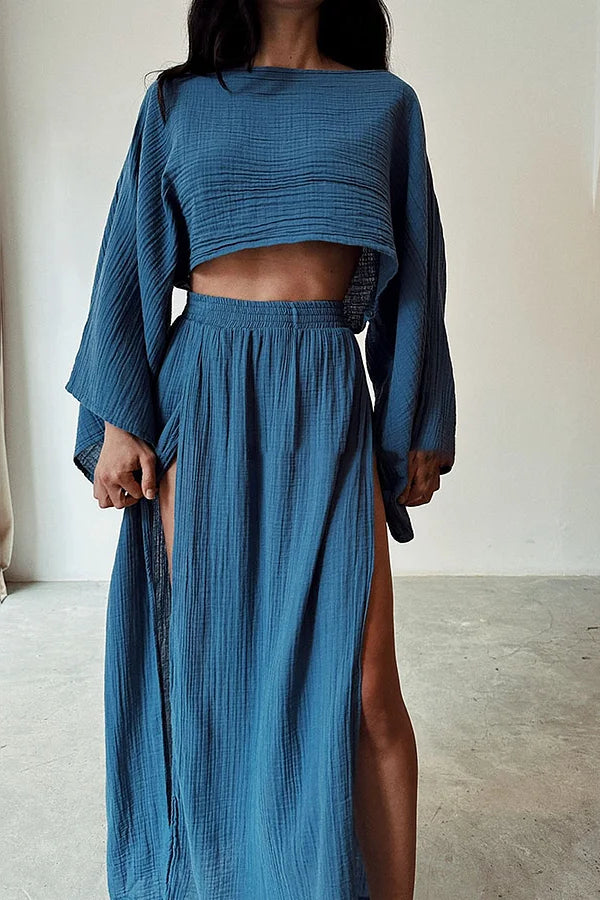 Chic Slit Cotton and Linen Casual Two-piece Set Blue