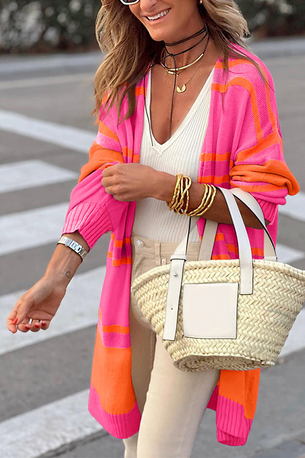 Striped Long Sleeve Ribbed Trim Button Cardigan Pink