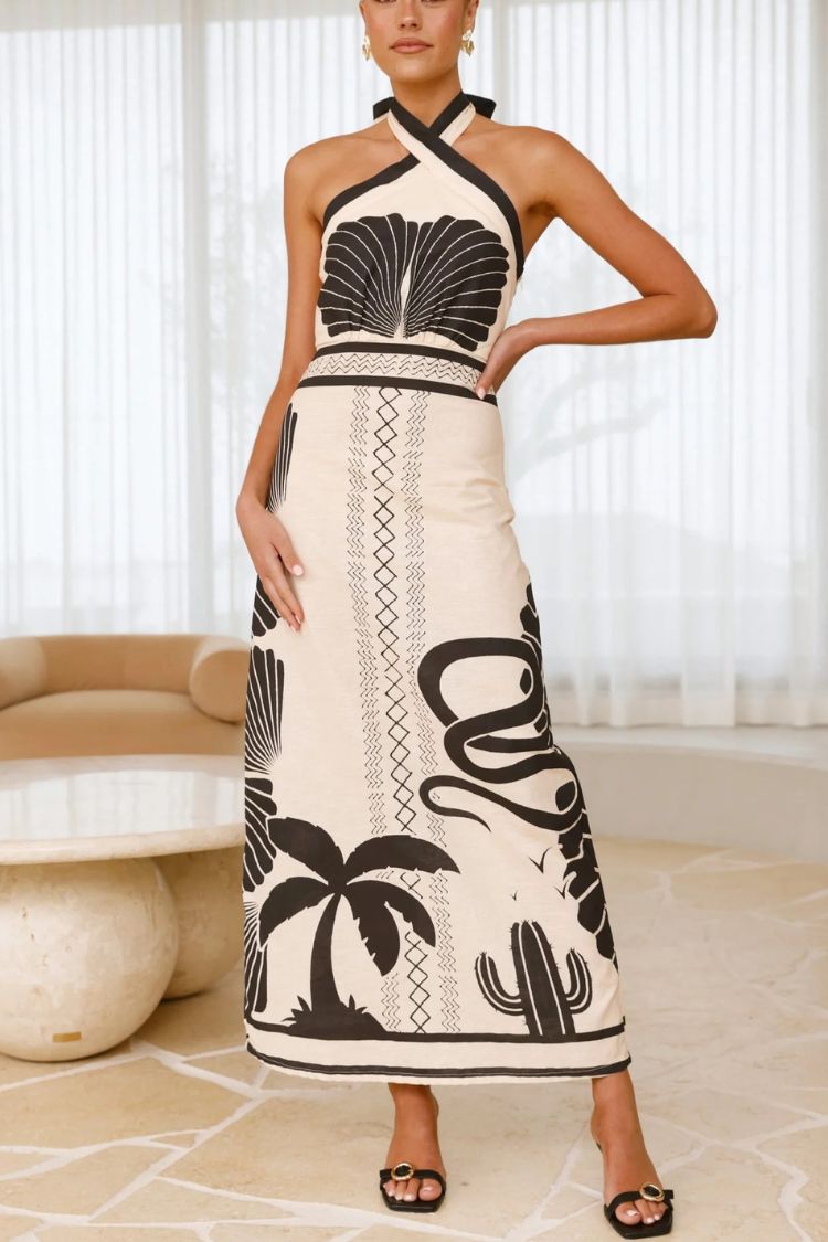 Shell Print Holiday Style Halter Neck Maxi Dress