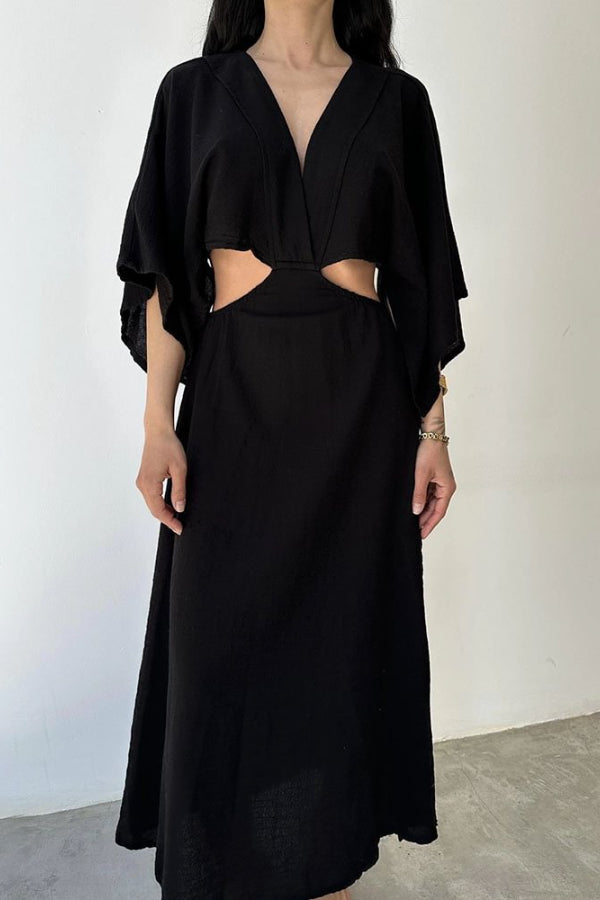 Chic Exposed Waist Cotton and Linen Dress Black