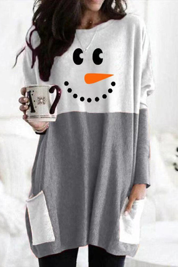Snowman Print Long Sleeve Pocket Pullover Mini Dress 2