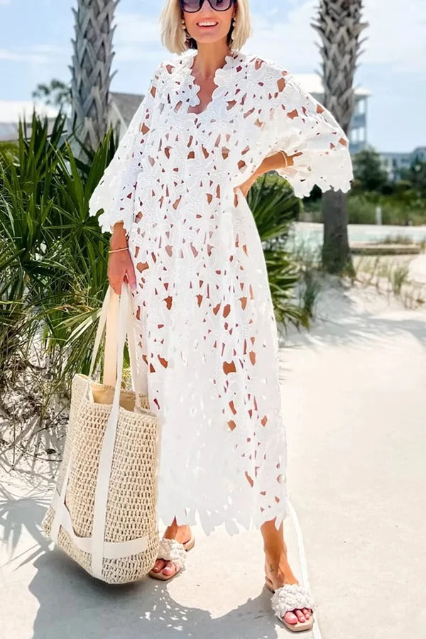 I Belong Here Floral Eyelet Lace Cover Up Beach Midi Dress White ONE SIZE
