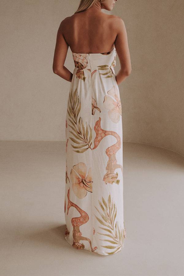 Island Time Linen Blend Unique Print Strapless Back Tie-up A-line Maxi Dress